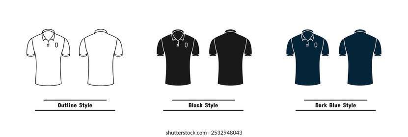 set of men's golf shirt designs, available outline, solid black and colored, editable vector eps 10.