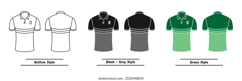 set of men's golf shirt designs, available outline, solid black and colored, editable vector eps 10.