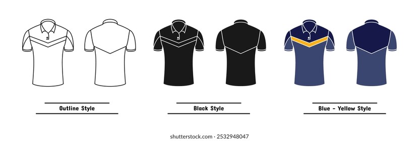 set of men's golf shirt designs, available outline, solid black and colored, editable vector eps 10.