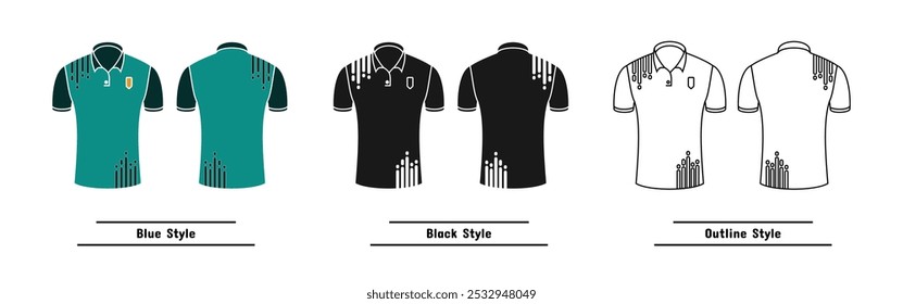 set of men's golf shirt designs, available outline, solid black and colored, editable vector eps 10.