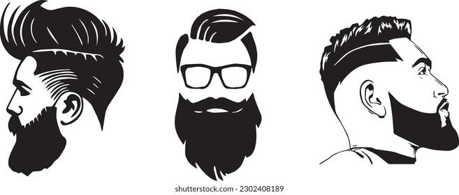 Un conjunto de peinados, barbas y bigotes. Recorte de modelo. Ilustración vectorial adecuada para pegatinas y tatuajes