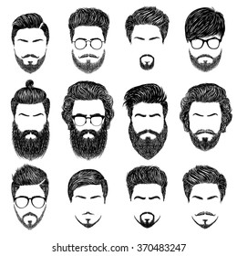 A set of mens hairstyles, beards and mustaches.Gentlmen haircuts and shaves.  Digital hand drawn vector illustration.