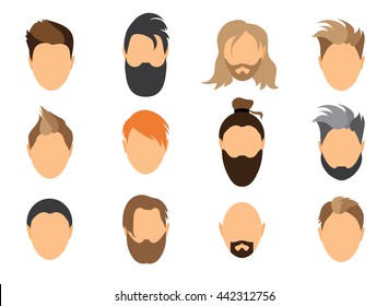 Set Of Mens Hairstyles, Beards And Mustaches.Gentlmen Haircuts Shaves. Digital Hand Drawn Vector Illustration.