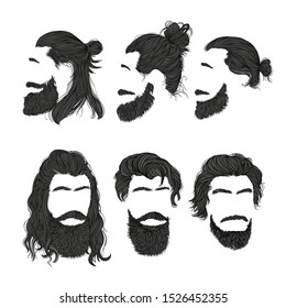 Set of men's hairstyles and haircuts, bushy beards and mustaches. Long hair in a bun. For barbershop, textile and other design.