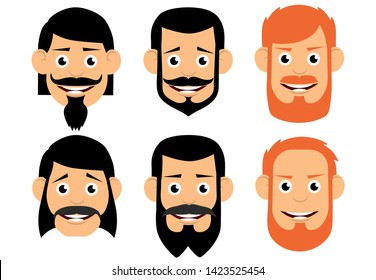 A set of men's hairstyles with a mustache and beard. The beard is back in fashion. Beard and mustache color man. Vector illustration.