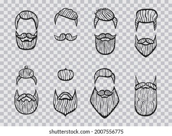 Set of men's hairstyles, mustache and beards isolated on transparent background. Hand-drawn sketch. Vector Illustration.