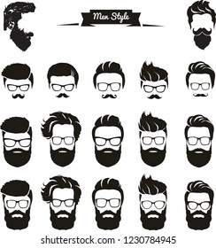 Set of men's hairstyles, mustaches and beards. Hand-drawn sketch. Vector Illustration.