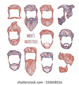 Set of men's hairstyles, mustaches and beards. Hand-drawn sketch. Vector Illustration.