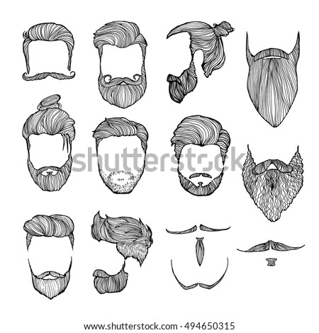 Set Mens Hairstyles Mustaches Beards Handdrawn Stock 
