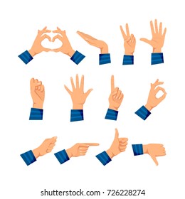 Set of men's hands in different gestures: love and warmth, support, respect, five, protest, stop, attention, ok, excellent, pointer, class deviation Signals man's hands Vector illustration