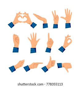 Set of men's hands in different gestures: love and warmth, support, respect, five, protest, stop, attention, ok, excellent, pointer, class deviation Signals man's hands Vector illustration