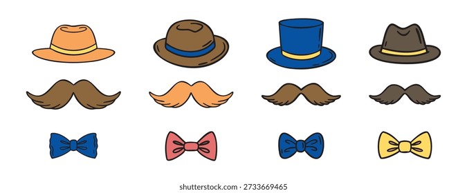 Conjunto de variações de bigode de chapéu e laço de homem, doodle desenhado à mão. Ilustração vetorial.