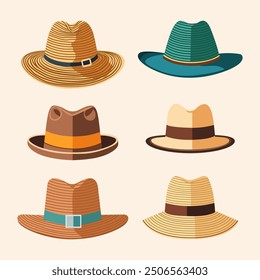 Set of men's hats for design in flat vector style.