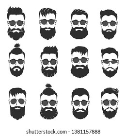 Set of mens' heads with different beards and sunglasses isolated on white. Vector illustration.