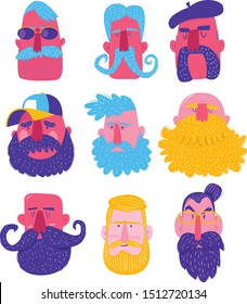 Set of mens' heads with different beards