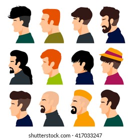 Set of men's heads isolated on a white background. Men's profiles in a flat style. Men avatars with different hairstyles. Vector illustration.