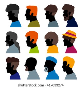 Set of men's heads isolated on a white background. Men's profiles in a flat style. Men avatars with different hairstyles. Vector illustration.