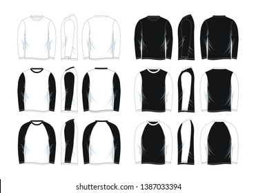 Set men's long sleeve t-shirt. Front, side and back views. Black and white variants. vector image