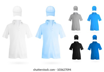 Set of men's polo shirts and hats template.