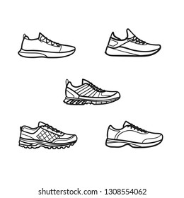 Set of men's running shoes outlined icons in white background