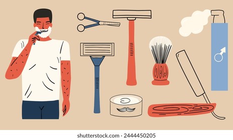 A set of men's shaving accessories. Man with a razor, foam, scissors, brush. Vector illustration in hand drawn style