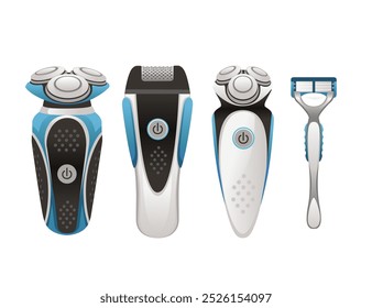 Set of men's shaving razors in a row with different electric razor models displayed in a sleek and modern design. Grooming product advertisements or online shops. Vector illustration isolated.