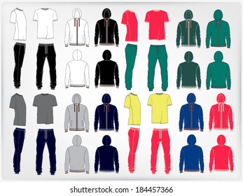 Set of men's sport clothes: zip-through hoodie, sweetpants and t-shirt. Vector illustration of men's sports suit.