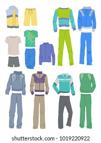 Set of men's sportswear namely sports suits, shorts,	
tee-shirts, etc., isolated on white background