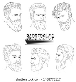 Set of men's stylish hairstyles, long and short beards and moustache. Hand-drawn sketch. Vector Illustration.
