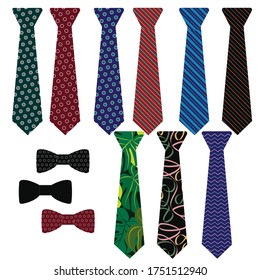 a set of men's ties and bow ties, twelve pieces. the flat pattern. stock vector illustration. EPS 10.