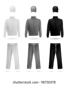 Set of men's training jackets, sweatpants and baseball caps.