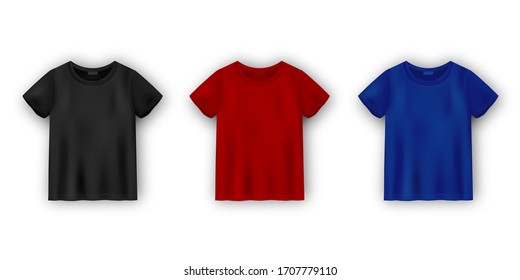 Set of men's t-shirt mockup isolated on white background. Unisex tee template. Black, red and blue version in realistic style. Vector illustration