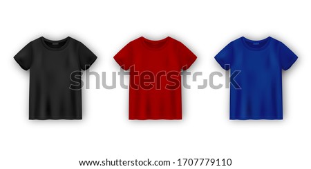 Set of men's t-shirt mockup isolated on white background. Unisex tee template. Black, red and blue version in realistic style. Vector illustration