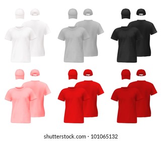 Set of men's t-shirts and caps templates with front and back views.