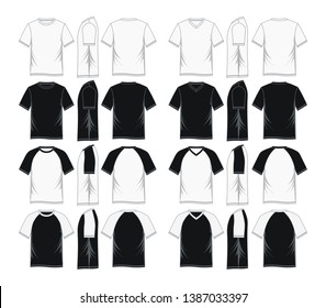 Set men's t-shirts. Front, side and back views. Black and white variants. vector image