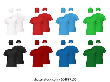 Set of men's t-shirts and hats. Front and back views.