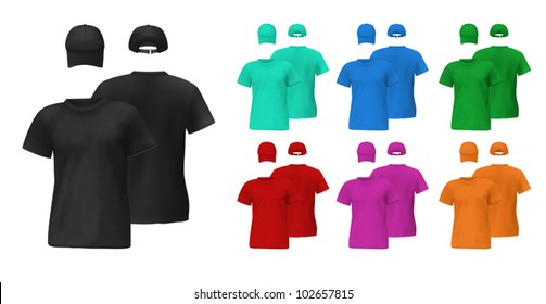 Set of men's t-shirts and hats templates with front and back views.