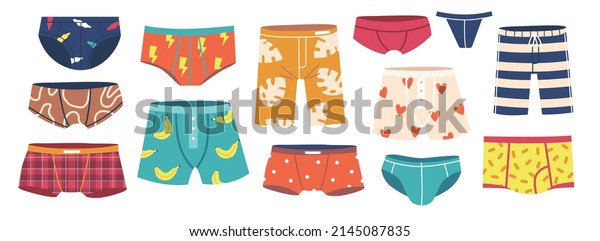 Set of Mens Underpants, Underwear Clothing\
Design. Swimming Trunks, Briefs and Panties. Male Everyday Clothes.\
Colorful Boxers and Swimwear. Casual Underclothes, Garment. Cartoon\
Vector Illustration