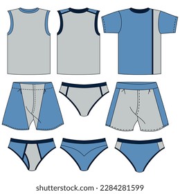 Set of men's underwear, with upper and lower parts, different models for clothing.