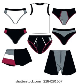 Set of men's underwear, with upper and lower parts, different models for clothing.
