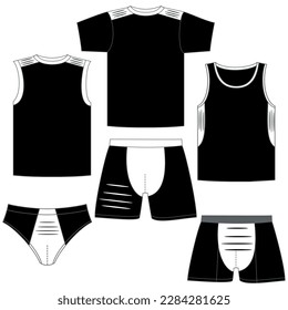 Set of men's underwear, with upper and lower parts, different models for clothing.