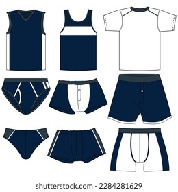 Set of men's underwear, with upper and lower parts, different models for clothing.