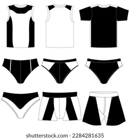 Set of men's underwear, with upper and lower parts, different models for clothing.