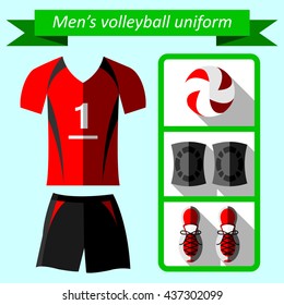 Set of men's volleyball uniform, accessory and equipment, leather ball, knee pads, 
shoe isolated on the blue background