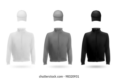 Set of men's warm training jackets and baseball caps.