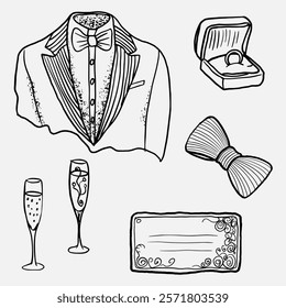 A set of men's wedding attributes. Vector illustration in style a freehand sketch. A wedding tailcoat, a ring, a couple of glasses of champagne, an invitation card. To create wedding invitations