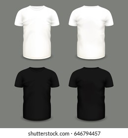 Set of men's white and black t-shirts in front and back views. Volumetric vector template. Realistic shirts mockup used for advertising labels, logo, emblem design or textile goods, for websites.