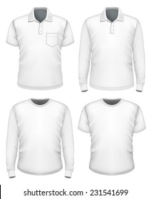 Set of men's white short and long sleeve clothes. Vector illustration.