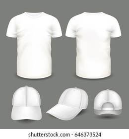 Set of men's white t-shirt and cap in front and back views. Volumetric vector template. Realistic shirts mockup used for advertising labels, logo, emblem design or textile goods, for websites.