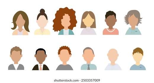 set of men's and women's avatars without faces on a white background. portraits of men and women. vector flat illustration.